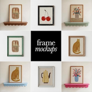 May include: A grid of nine frame mockups displaying various art prints including sardines, cherries, tulips, a cat, and a teapot. The centre square features the white text frame mockups on a black background. Several frames are displayed on scalloped shelves.