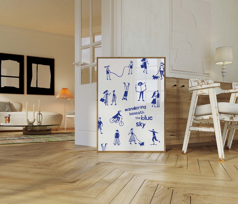 Blue Poster Hand Drawn Sketch trendy Blue Print Aesthetic Home Wall