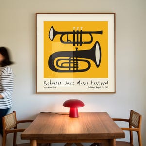 Cartel de trompeta Exposición Festival de jazz Cartel Estético Decoración de pared para el hogar Arte Ilustración amarilla Cartel cuadrado Impresión cuadrada Retro amarillo