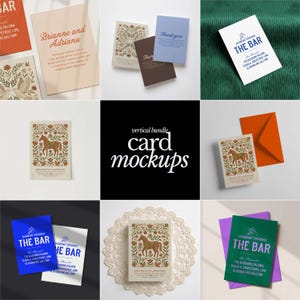 May include: A selection of vertical card mockups showcasing diverse designs. Cards display floral patterns, horse illustrations, and text including "Thank you" and "The Bar." Some cards are presented with envelopes in colours like orange and purple.