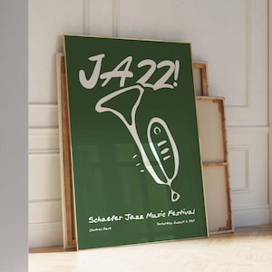Arte de parede verde da moda, pôster de música jazz para impressão, impressão de concerto retrô, pôster minimalista, parede de galeria moderna, trompete verde da moda