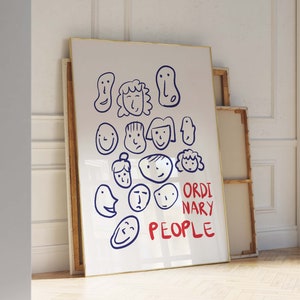 Ordinary People – Exhibition Poster – Hand Drawn Art – Blue and Red Art – Retro Illustration – Human Faces Poster – We are all the same art