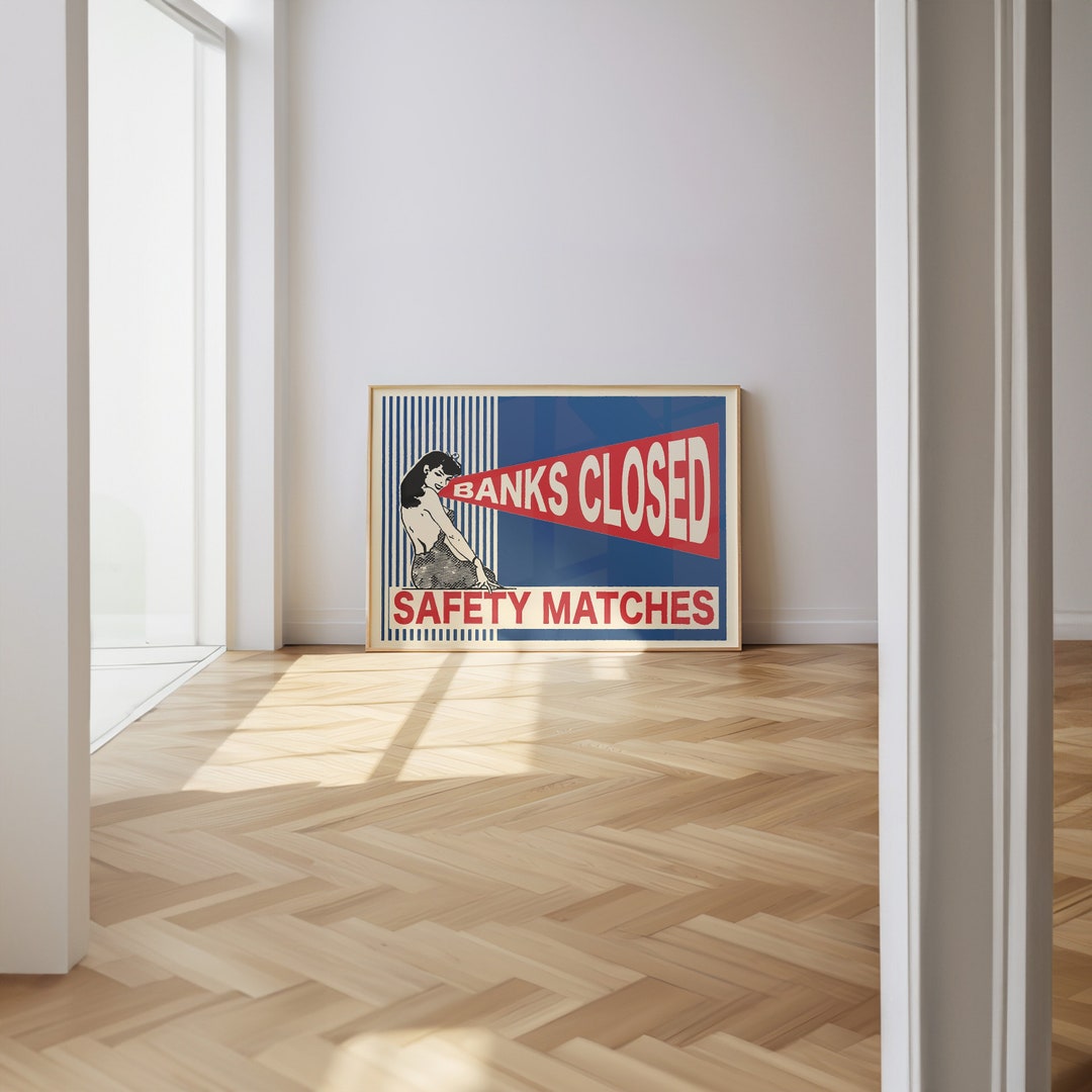 Red Blue Wall Art Retro Art Horizontal funky Wall Art hand Illustrated