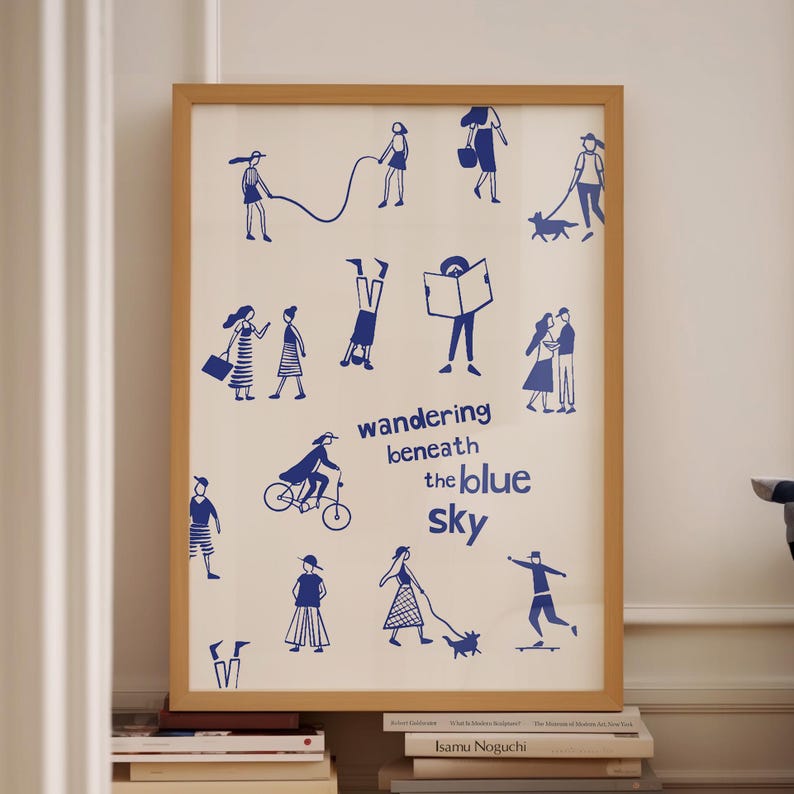 Blue Poster Hand Drawn Sketch trendy Blue Print Aesthetic Home Wall