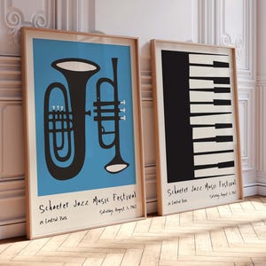 Conjunto de dos pósteres de jazz: conjunto de pósteres de piano: impresión azul de moda, póster de piano vintage, piano abstracto, impresión digital, póster de 24 x 36