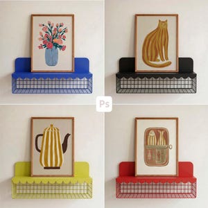 May include: Four framed art prints displayed on colorful metal shelves. The prints feature a floral arrangement, a cat, a teapot, and a sardine can. The shelves are blue, black, yellow-green, and red, with a wire basket design.