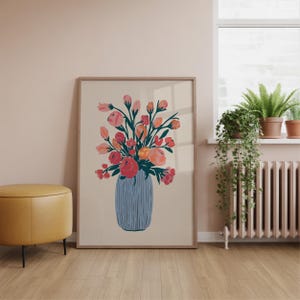 Impresión floral azul rosa, impresión floral, arte de pared de flores silvestres azules y rosa ruborizado, arte de pared de exposición de flores vintage estéticas, descarga digital, impresión