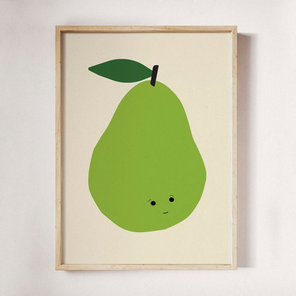 Cute Fruit Print – Green Pear Print for Kitchen – Mid-Century Modern Wall Art – Gift for Kitchen – Simple Fruit Poster – Funny Digital Art