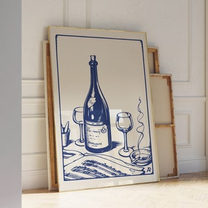 Blue Wine Club – Cigarettes and Wine Club – Trendy Blue Poster – Wine Hand drawn illustration – Wine Club Poster – Trending Printable