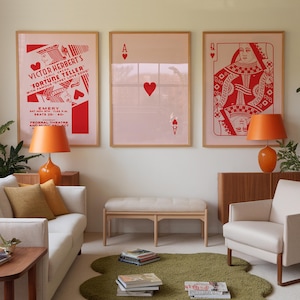 Arte de pared de 3 piezas, Impresión de la Reina de Corazones, Arte digital, Descarga, Linda impresión de la tarjeta de la Reina de Corazones, Arte de pared retro, Arte moderno de la carta de juego Ace