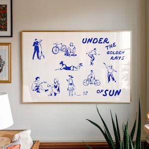 Póster horizontal azul – Rayos dorados del sol – Póster de inspiración horizontal – Exposición de arte vintage – Impresión estrecha – Arte horizontal largo