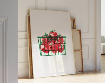 Strawberry Print Retro Simple Strawberry Poster Trendy Wall Art Vintage Food Print Art Kitchen Art Strawberry Decor Fruit Wall Art Printable