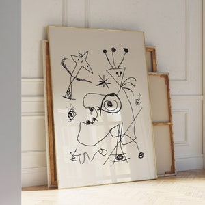 Joan Miro Radierung "Der Mann mit dem Federhut" (Spanisch/Französisch, 1893-1983) – Einfache Strichzeichnungen – Weiße und schwarze Strichzeichnungen – museale Wandkunst
