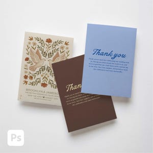 May include: Three cards: a save-the-date card with doves and floral design, a blue "Thank you" card, and a brown "Thank you" card. The save-the-date card has text: "BROOKLYN & JAMESO ARE GETTING MARRIED IN TULUM, MEXICO SAVE THE DATE AUGUST 19TH".