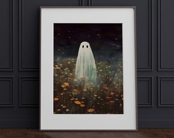 Ghost and Wildflowers Watercolor Painting, Vintage Soft Whimsical Gothic Decor / Witchy Light Academia Art Print, Spooky Eclectic Poster
