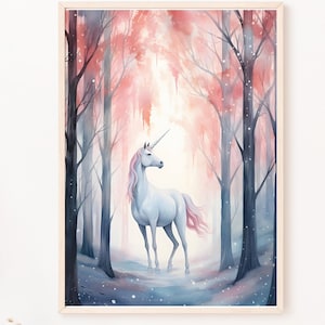 Magical Forest Unicorn Print / Forestcore Fantasy Printable Wall Art / Girls Bedroom Fairy tale creatures Painting / Pink Wall Decor