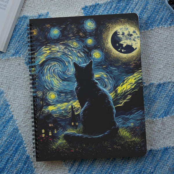 Black Cat Journal, Lined Journal, Cat spiral notebook, Witchy cat journal, Black Cat notebook, Stationery, Cute Starry Night Cat Painting