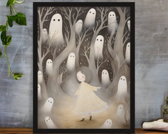 Whimsical Ghost Art Prints / Moody Storybook Canvas Art Print / Light Academia Aesthetic Room Decor / Eclectic Witchy Fantasy Painting