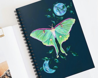 Luna Moth Spiral Notebook - Ruled Line / Green Moon Moth Impasto Oil Painting Journal