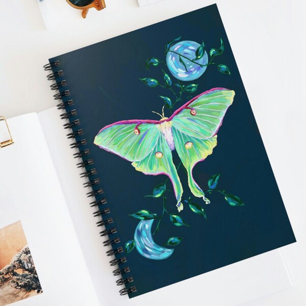 Luna Moth Spiral Notebook - Ruled Line / Green Moon Moth Impasto Oil Painting Journal