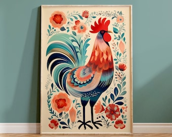 Rooster Folk Art Print / Scandinavian Norwegian Folk Art Chicken Illustration for Kitchen / Colorful Vibrant Farm Animal Painting