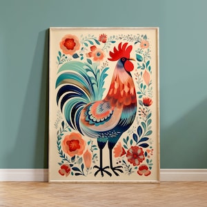 Rooster Folk Art Print / Scandinavian Norwegian Folk Art Chicken Illustration for Kitchen / Colorful Vibrant Farm Animal Painting