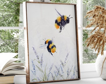 Bee Watercolor Art Print, Bumble Bee Poster, Honey Bee Decor, Lavender Meadow painting, Bee Decorations, Honey Bee Artwork Housewarming Gift