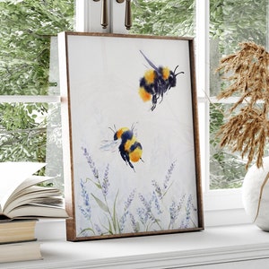 Bee Watercolor Art Print, Bumble Bee Poster, Honey Bee Decor, Lavender Meadow painting, Bee Decorations, Honey Bee Artwork Housewarming Gift