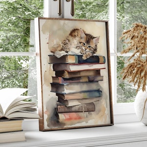 INSTANT DOWNLOAD - Vintage Brown Cat Art Print / Tabby Kitten Printable Wall Decor / Neutral Watercolor Cat Painting / Calico Tabbies