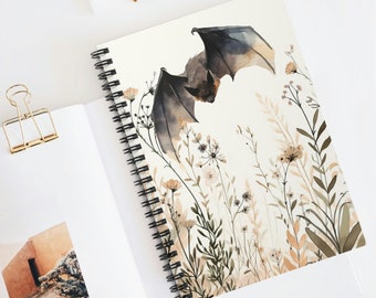 Bat and Wildflowers Notebook / Cute Black Bat Spiral Notebook / Witchy Dark Academia Journal / Cute Goth Journal, Spooky Stationary