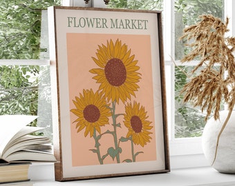 Sunflower Printable Flower Market Poster / Sunflower bohemian matisse art print / retro flower print for girl's bedroom