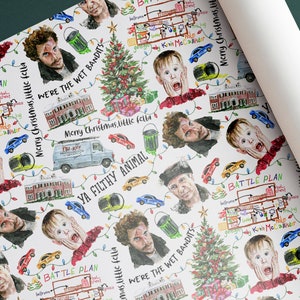 Home Alone kerstfilm inpakpapier, Kevin McCallister kerstcadeauverpakking op rol of vel, grappige citaten uit kerstfilms, cadeau aquarel grap