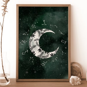 Green Witch Gothic Home Decor / Crescent Moon Wall Art / Witch Aesthetic / Wiccan Decor Canvas Print or Framed Print