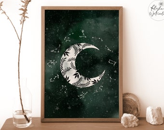 Green Witch Gothic Home Decor / Crescent Moon Wall Art / Witch Aesthetic / Wiccan Decor Canvas Print or Framed Print