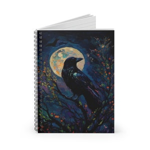 Black Crow Witchy Notebook / Spiritual Dark Aesthetic / dark naturalism Journal / Spirit Animal Crow Notebook  - Full Moon night sky