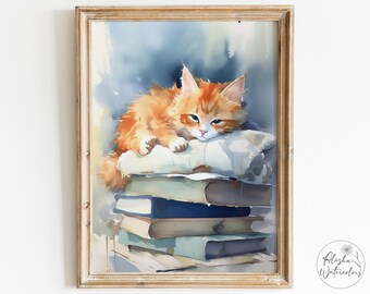 Orange Cat Poster / Watercolor Kitten Wall Decor / Cat Wall Art Canvas / Cat Mom Gift / Orange and White Tabby Kitten on Books Painting