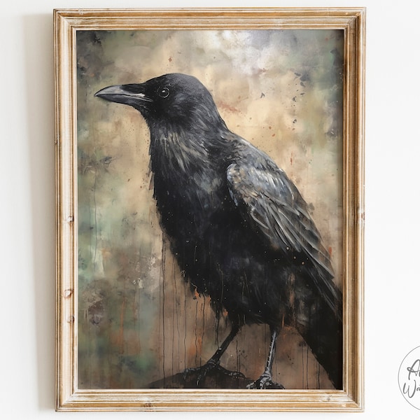 Raven Art Print | Black Bird Crow Art | Victorian Gothic Decor | Vintage Raven Painting, Dark Academia Watercolor Decor, Witchy Wall Art