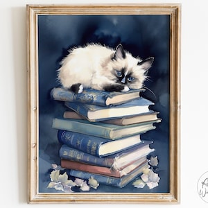 Siamese Kitten Art Print / Fluffy Siamese Cat on pile of books / Cat Portrait Watercolor Painting / Bookish Aesthetic Kitten Poster Canvas