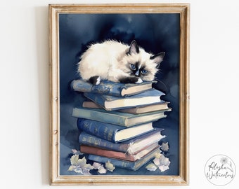 Siamese Kitten Art Print / Fluffy Siamese Cat on pile of books / Cat Portrait Watercolor Painting / Bookish Aesthetic Kitten Poster Canvas