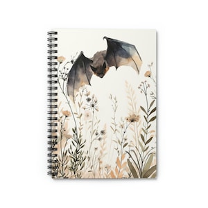 Gothic Bat Notebook / Whimsigoth Black Vampire Bat and Watercolor Wildflowers Journal / Witchy Floral Stationary / Lined Spiral Notebook