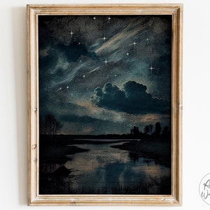 Magical Night | Vintage Celestial Wall Art, Moody Oil Painting Print, Dark Academia Decor, Witchy Aesthetic, Moon and Stars Wall Decor