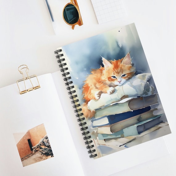 Orange Cat Notebook / Ginger Kitten Journal / Cute Watercolor Cat on Books / Light Academia Spiral Notebook / Bookish Cat Themed Gifts