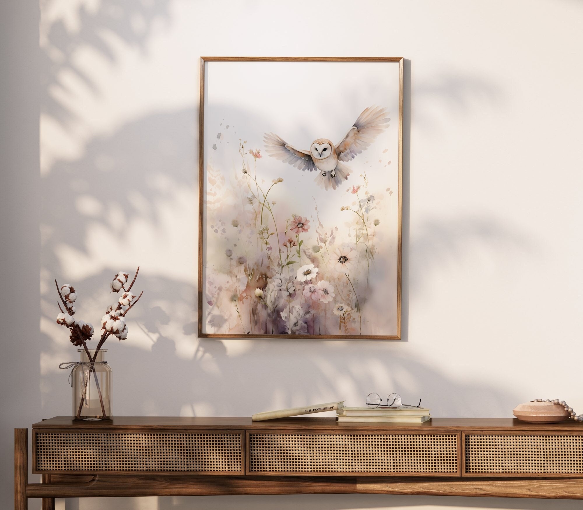 Owl and Flowers Printable Wall Art / Neutral blush pink wildflowers, Light Academia Watercolor Paint