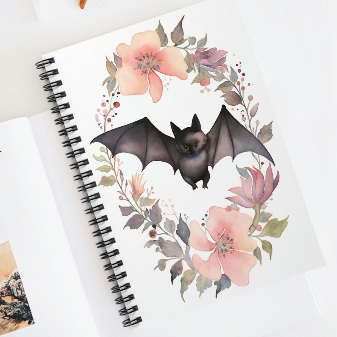 Bat Notebook Floral Bat Spiral Notebook | Black Bat and Flowers Goth Journal | Pink ...