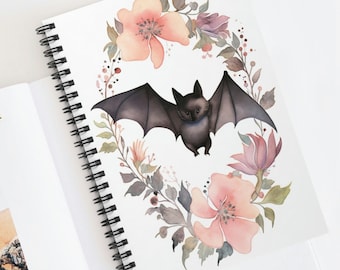 Floral Bat Spiral Notebook | Black Bat and Flowers Goth Journal | Pink Goth | Pastel Goth Notebook | Gifts For Her | Kawaii Goth
