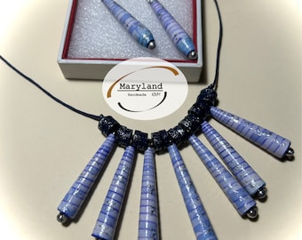 Handmade Blue Paper Bead Necklace and Earrings Set