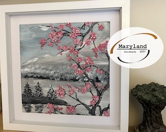 Dipinto acrilico fatto a mano con paesaggio innevato, fiori rosa quilled, arte incorniciata