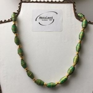 Bella collana di perline di carta con perline distanziatrici in lega placcata argento tibetano, gioielli di carta, collana unica, gioielli fatti a mano