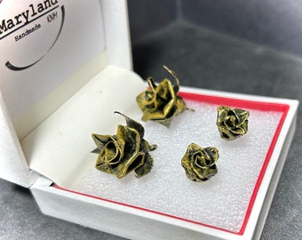 Recycled paper, origami roses earrings, unique jewellery,  antique gold colour roses, handmade