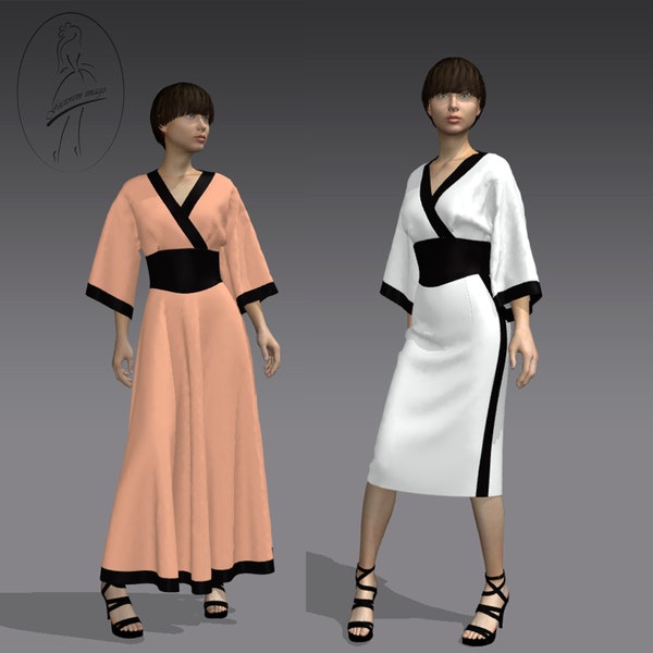 PDF Kimono Style Dress sewing pattern / Nipped Waist Dress pattern / Semi-circular & Pencil skirt Dress